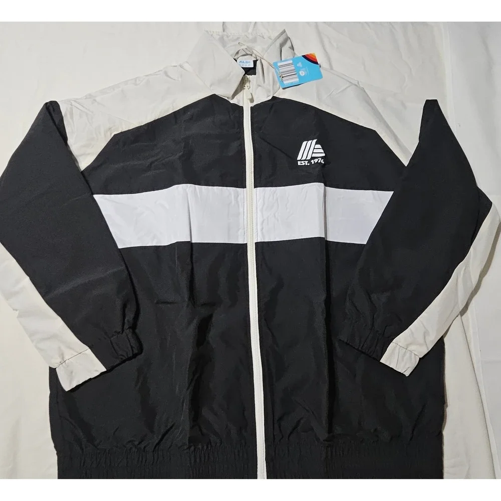 Aldi Gear Windbreaker Jacket Women XL Black White Colorblock Full Zip Logo NWT
